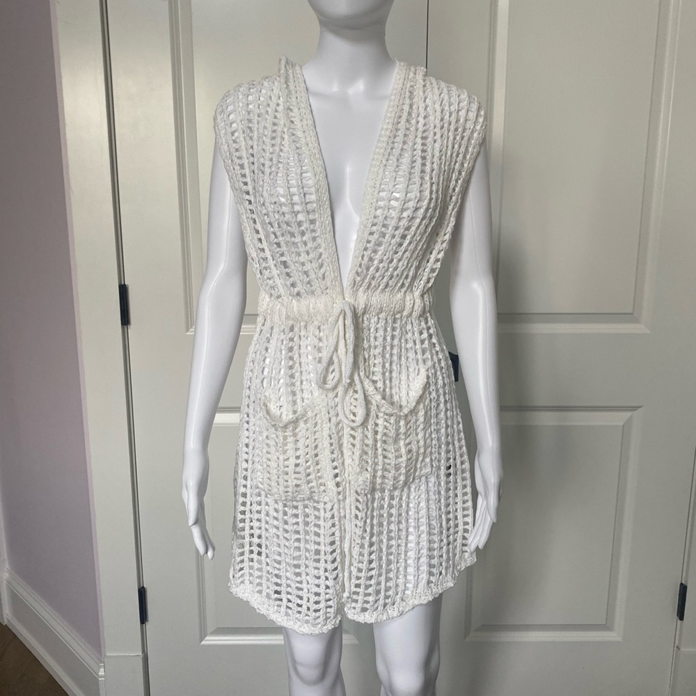 White crocheted cover up with a hood